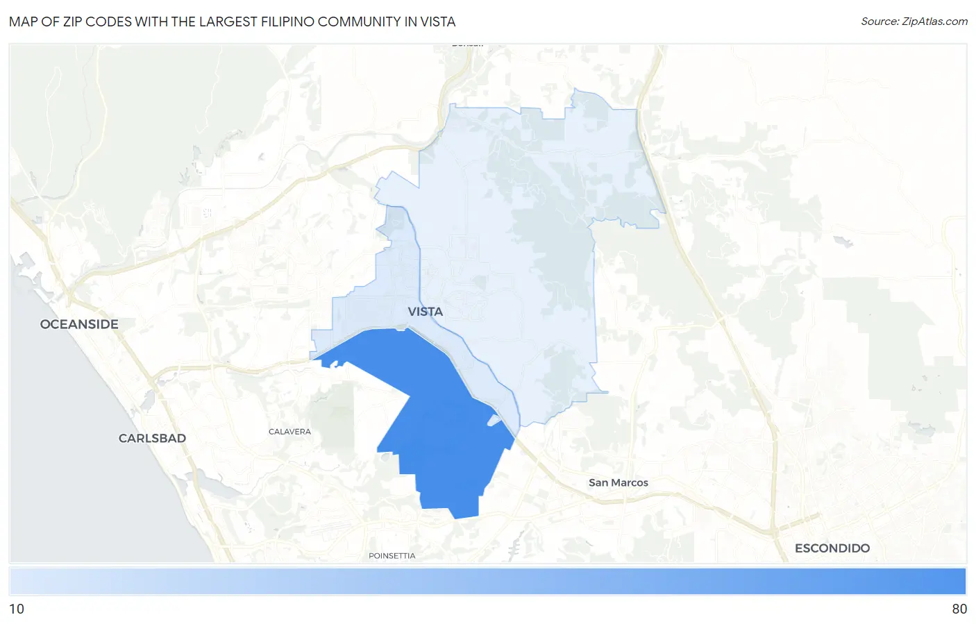Zip Codes with the Largest Filipino Community in Vista Map