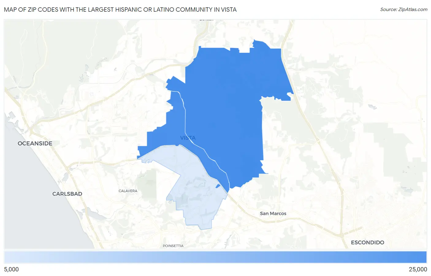 Zip Codes with the Largest Hispanic or Latino Community in Vista Map