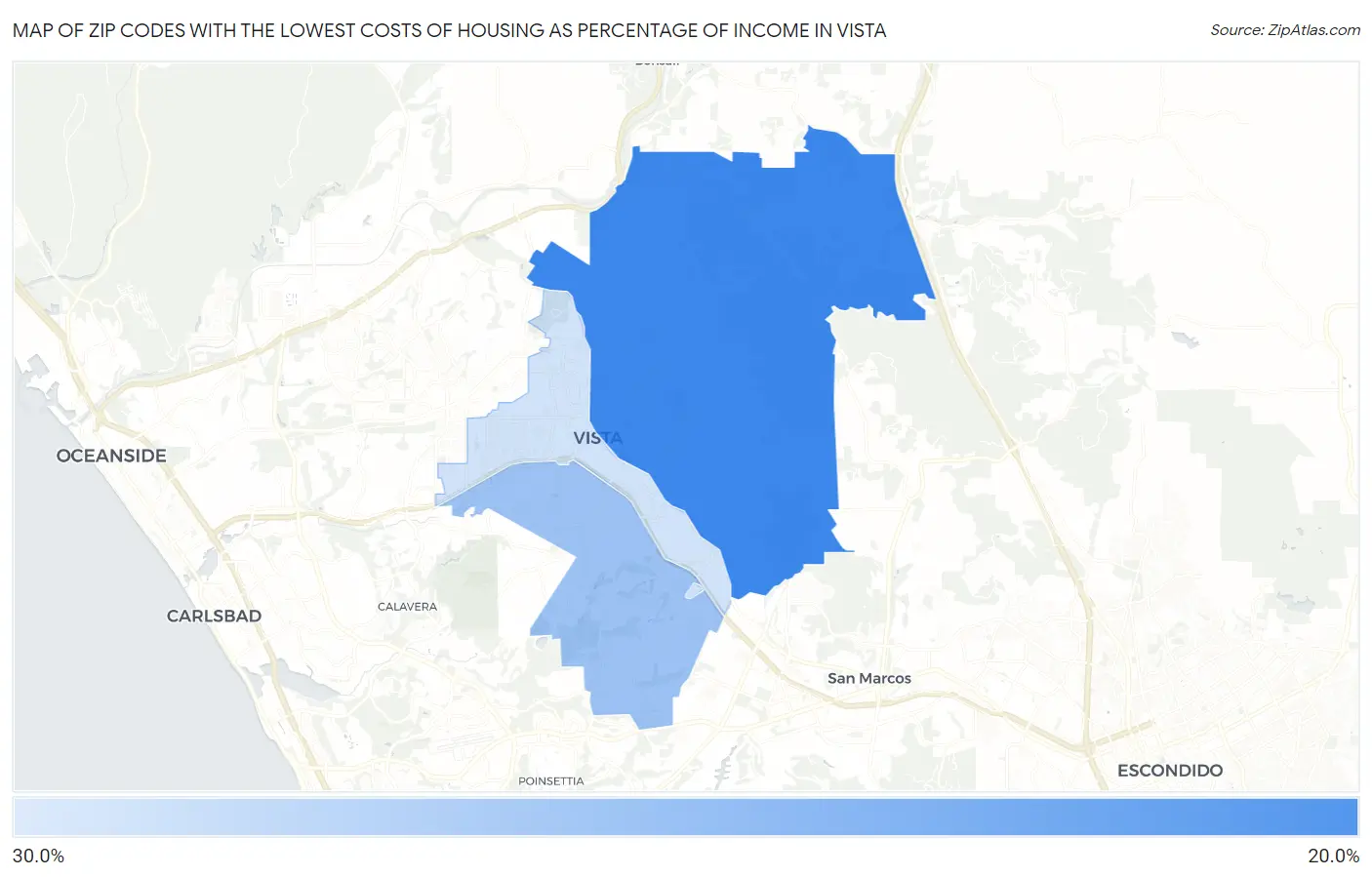 Zip Codes with the Lowest Costs of Housing as Percentage of Income in Vista Map