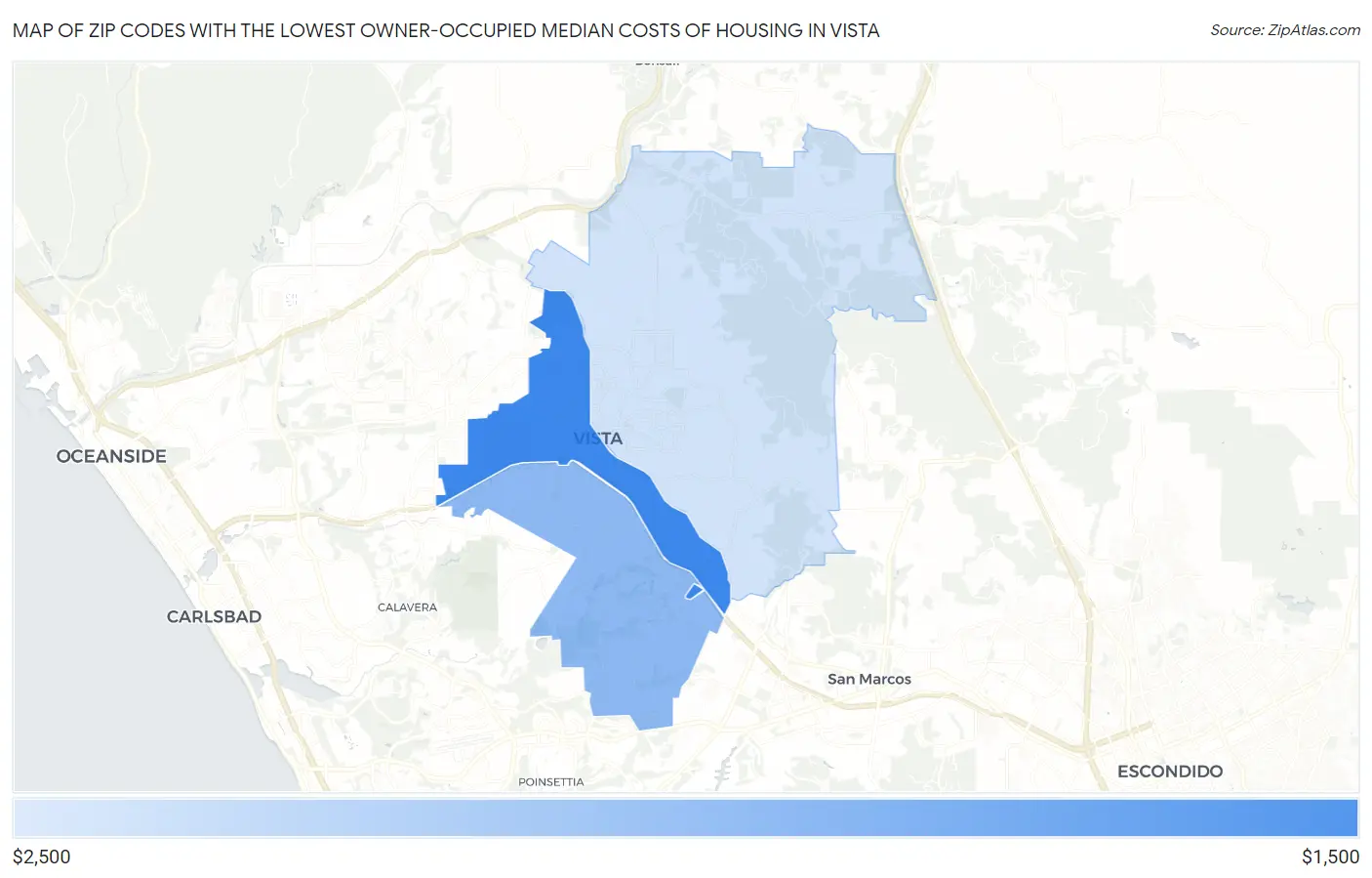Zip Codes with the Lowest Owner-Occupied Median Costs of Housing in Vista Map