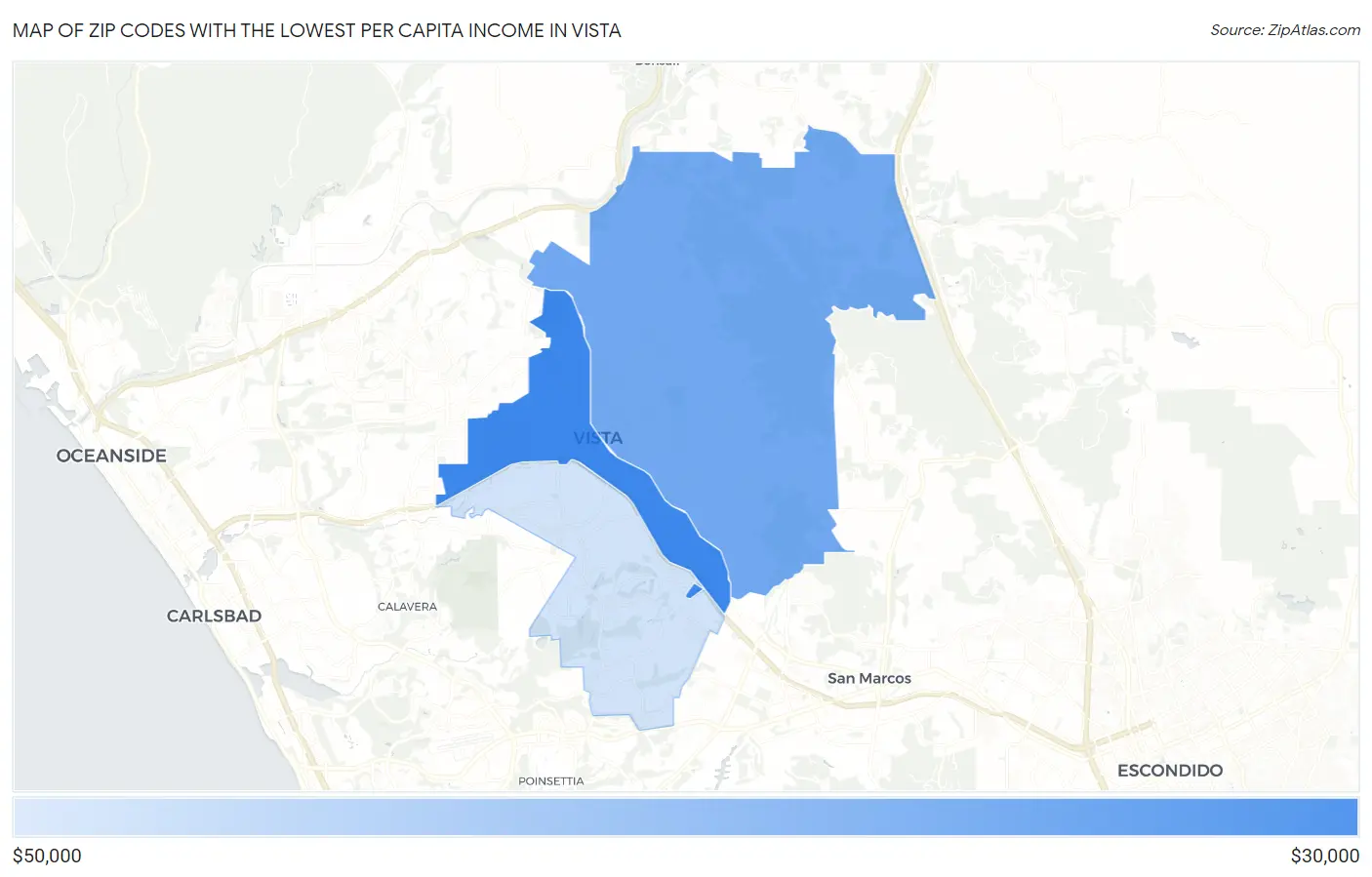 Zip Codes with the Lowest Per Capita Income in Vista Map