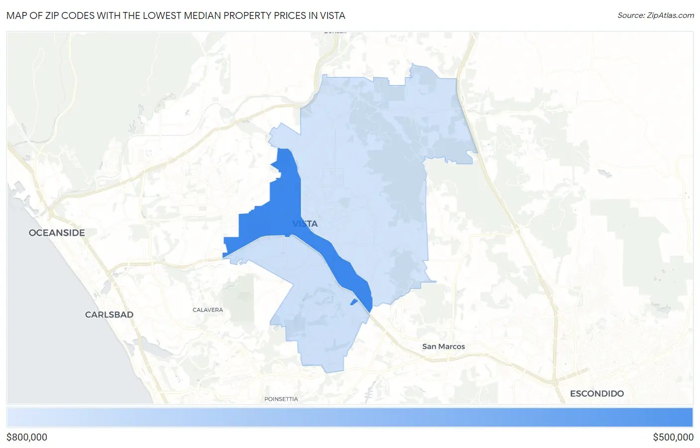 Zip Codes with the Lowest Median Property Prices in Vista Map