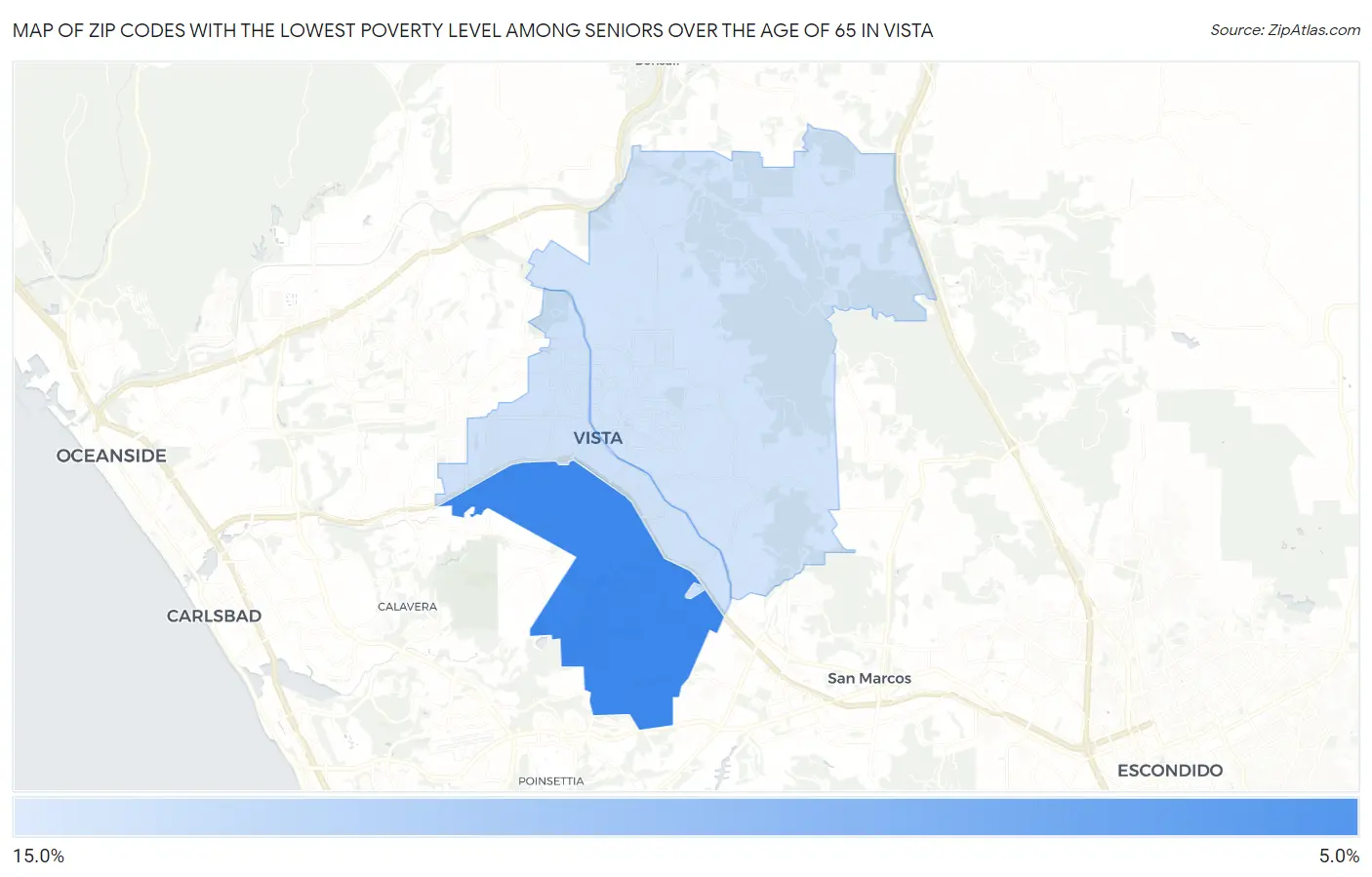 Zip Codes with the Lowest Poverty Level Among Seniors Over the Age of 65 in Vista Map