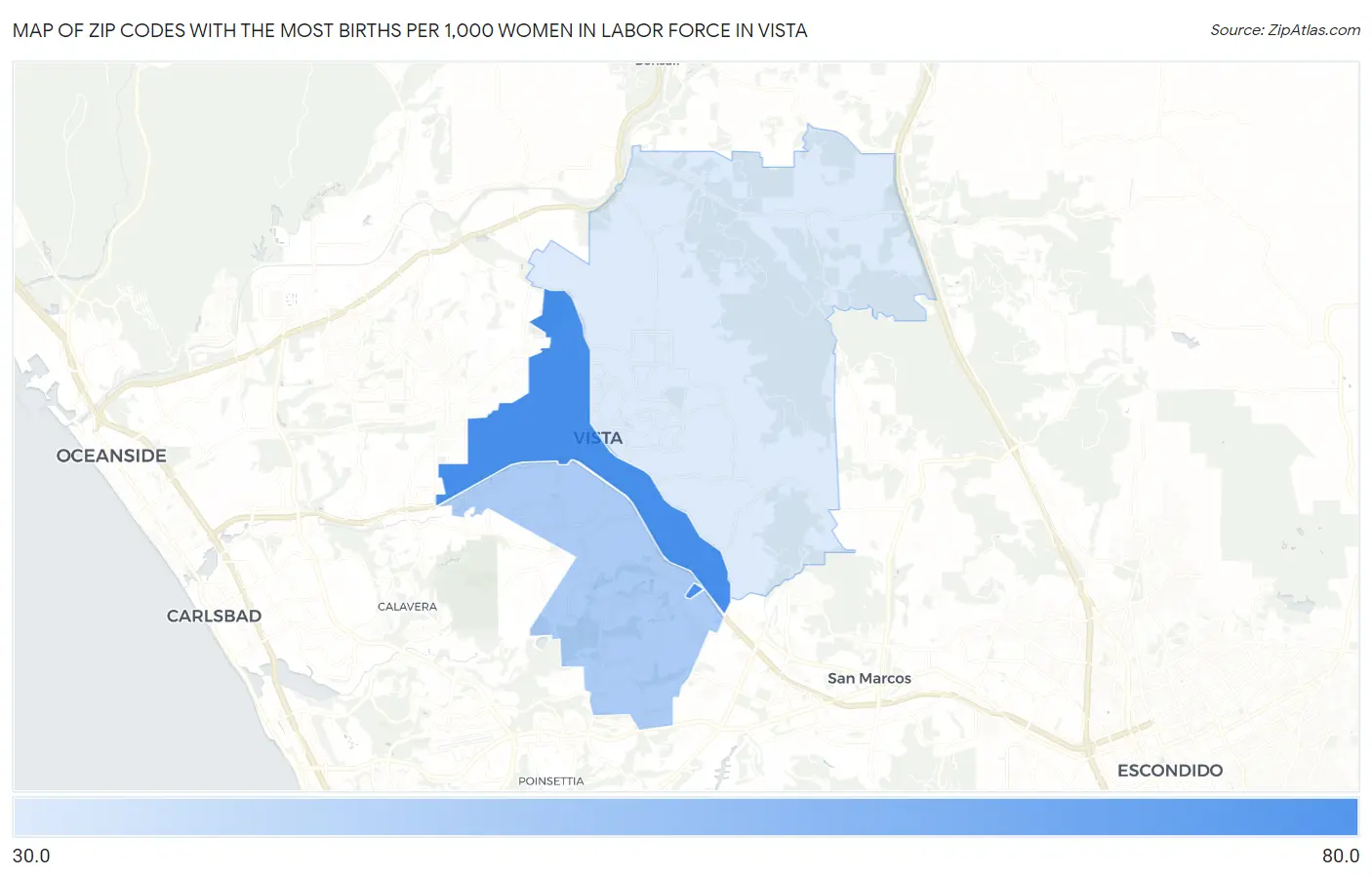 Zip Codes with the Most Births per 1,000 Women in Labor Force in Vista Map