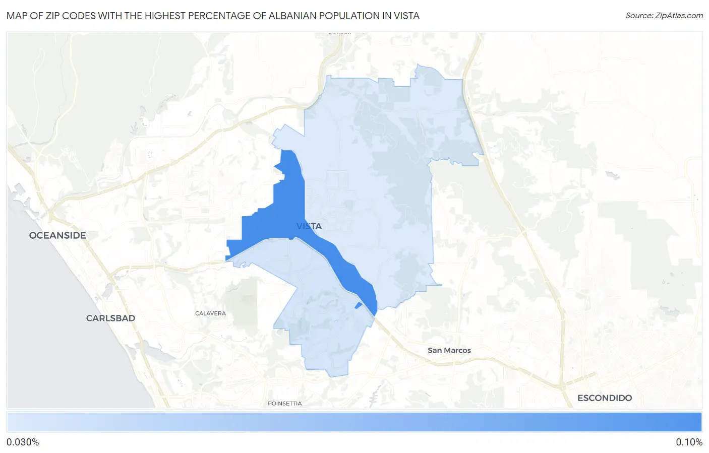 Zip Codes with the Highest Percentage of Albanian Population in Vista Map