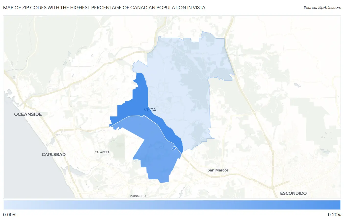 Zip Codes with the Highest Percentage of Canadian Population in Vista Map