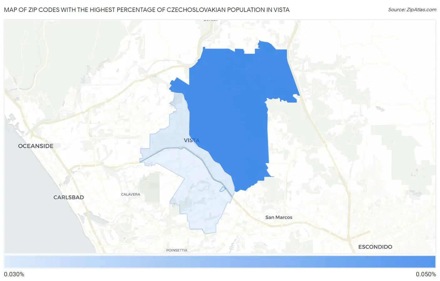 Zip Codes with the Highest Percentage of Czechoslovakian Population in Vista Map