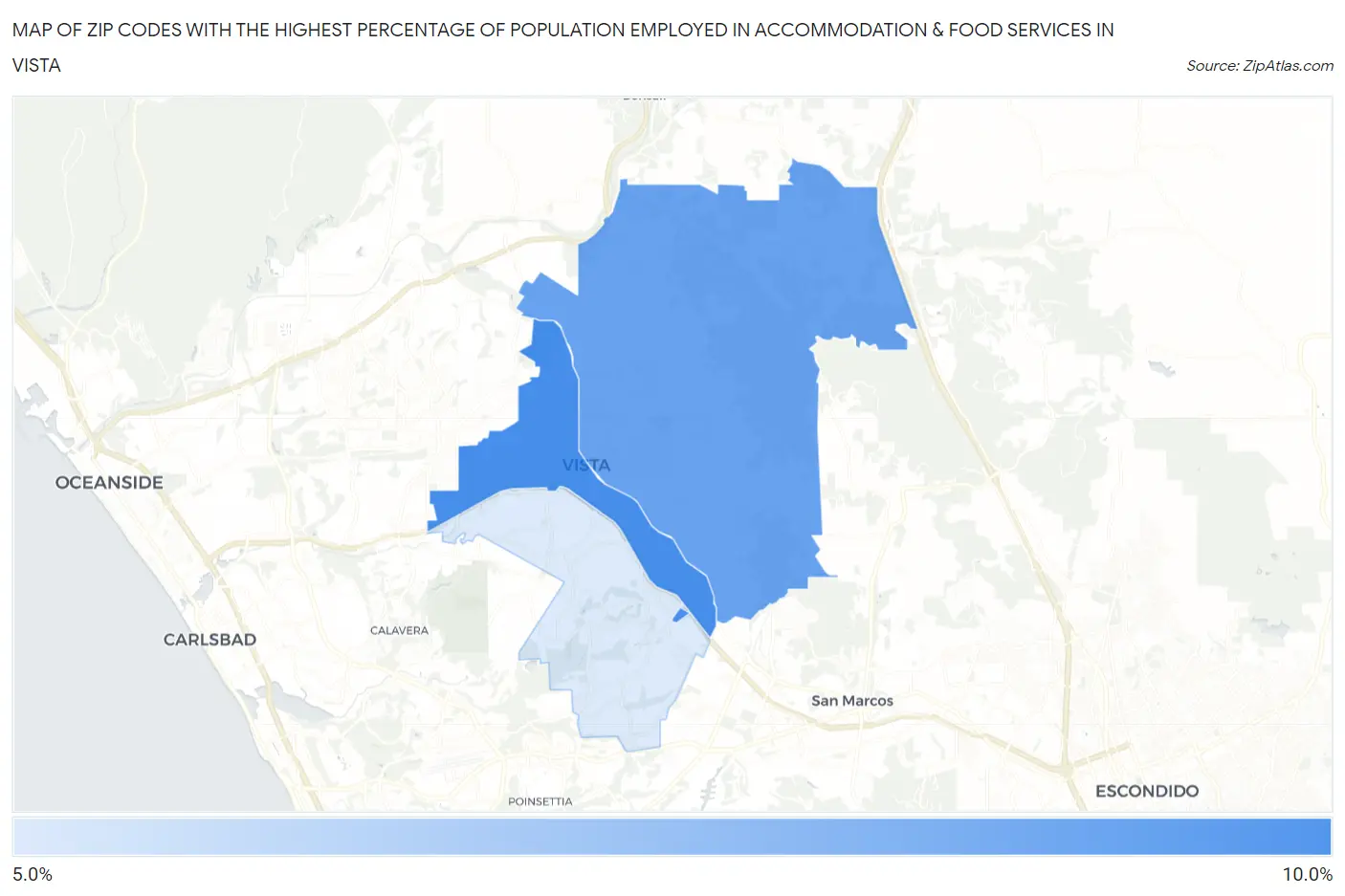 Zip Codes with the Highest Percentage of Population Employed in Accommodation & Food Services in Vista Map