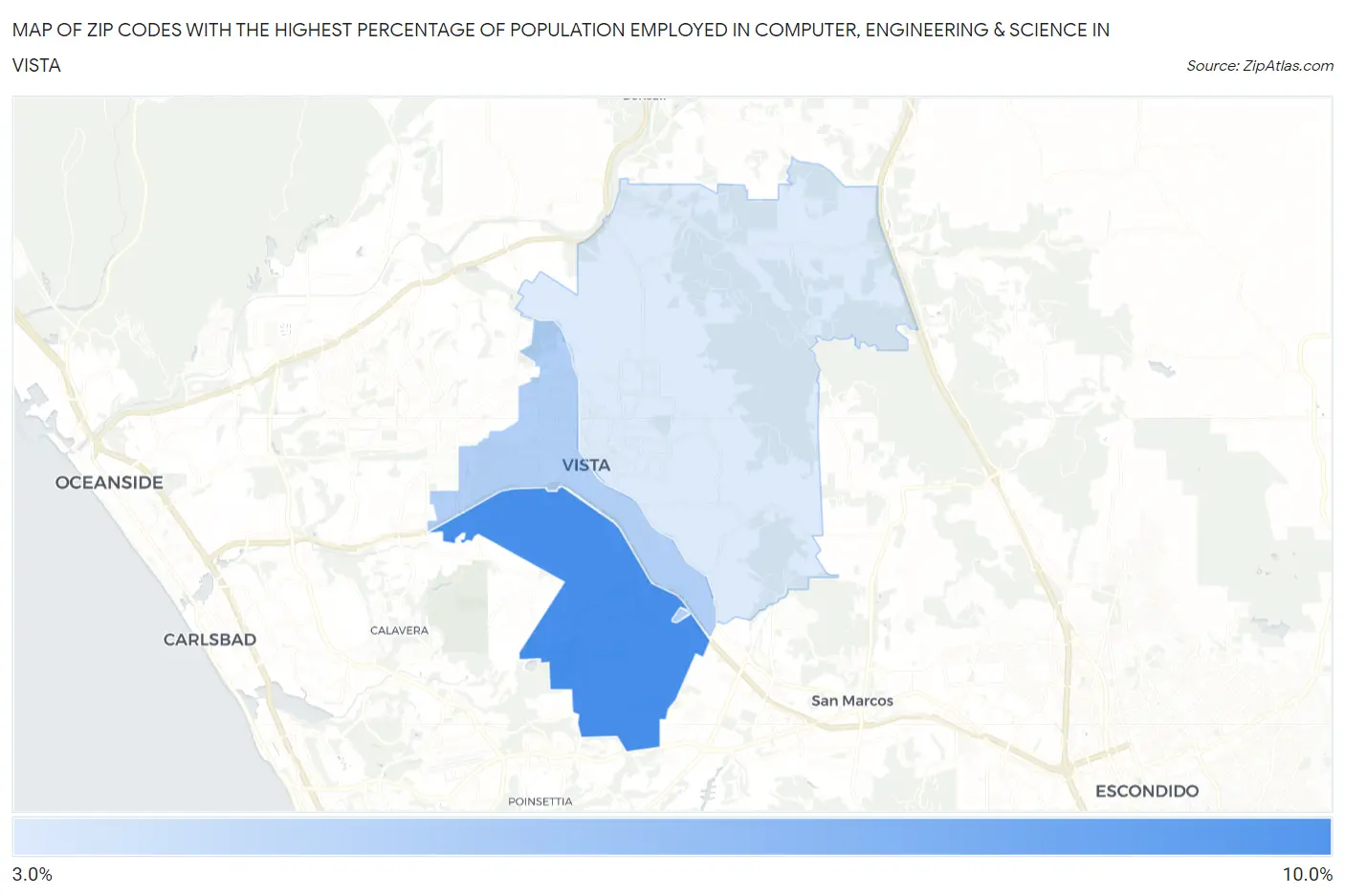 Zip Codes with the Highest Percentage of Population Employed in Computer, Engineering & Science in Vista Map