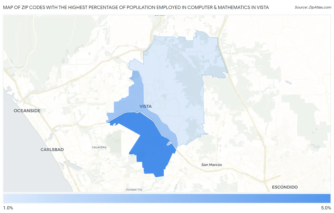 Zip Codes with the Highest Percentage of Population Employed in Computer & Mathematics in Vista Map