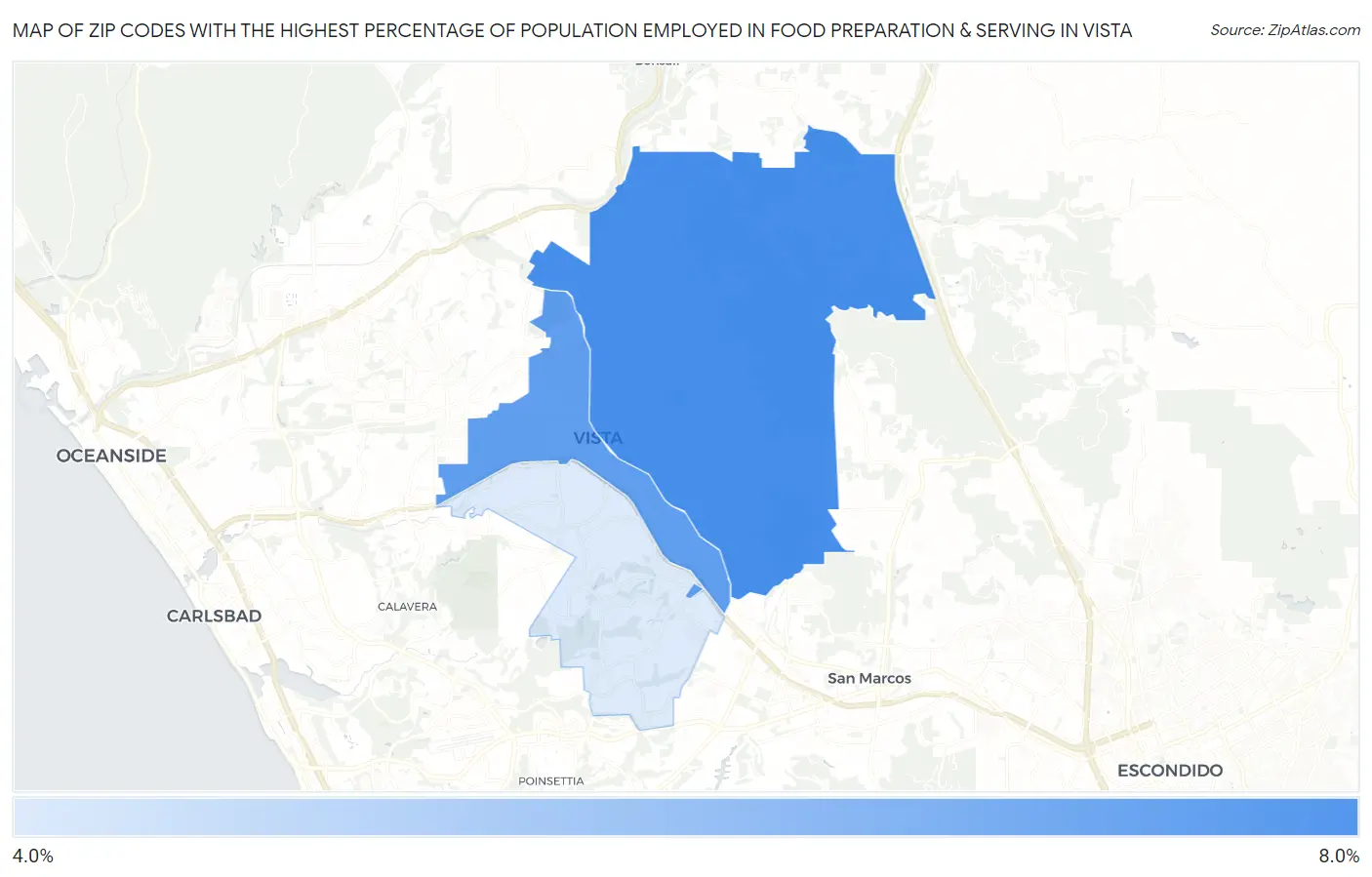 Zip Codes with the Highest Percentage of Population Employed in Food Preparation & Serving in Vista Map