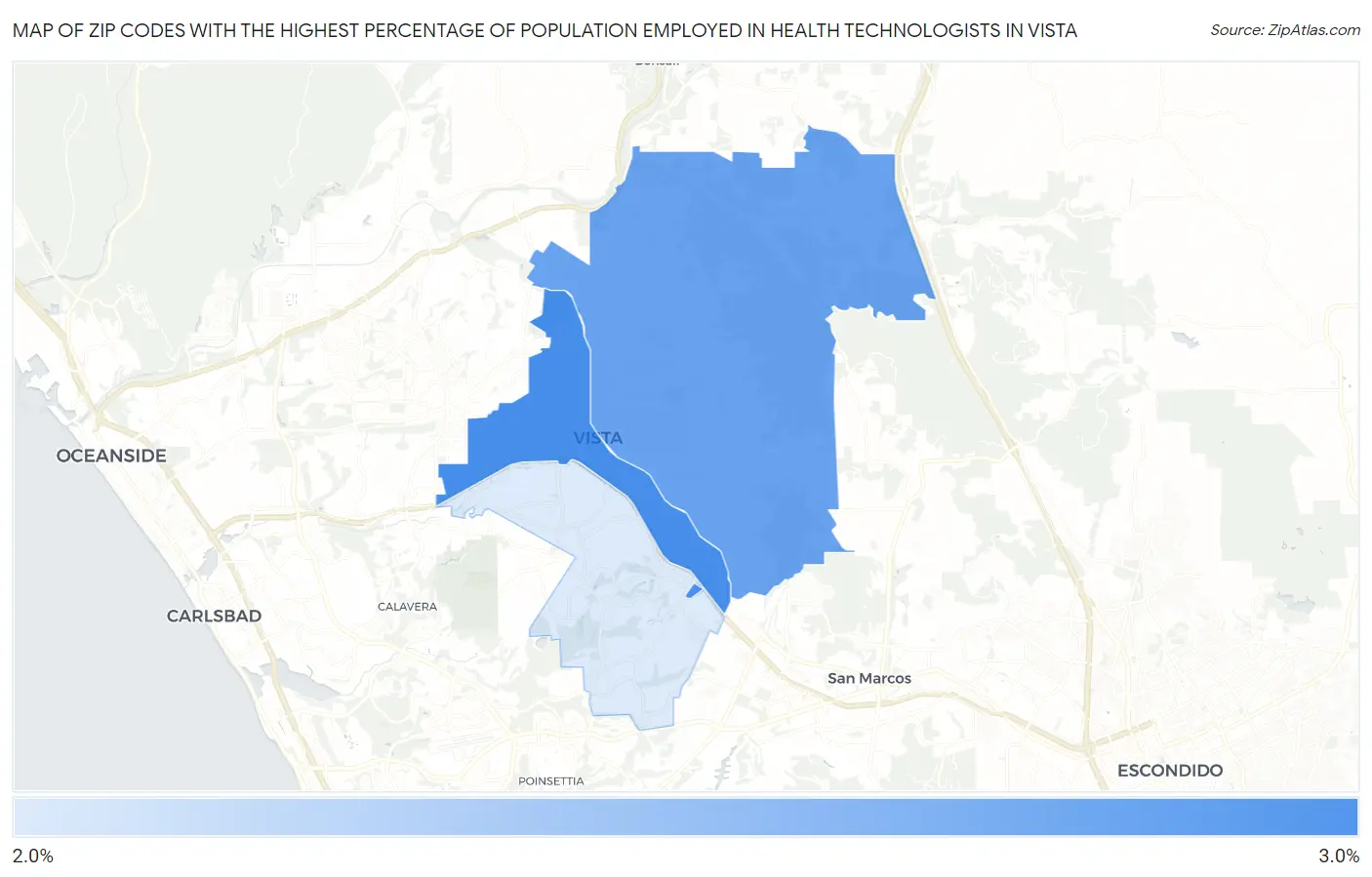 Zip Codes with the Highest Percentage of Population Employed in Health Technologists in Vista Map