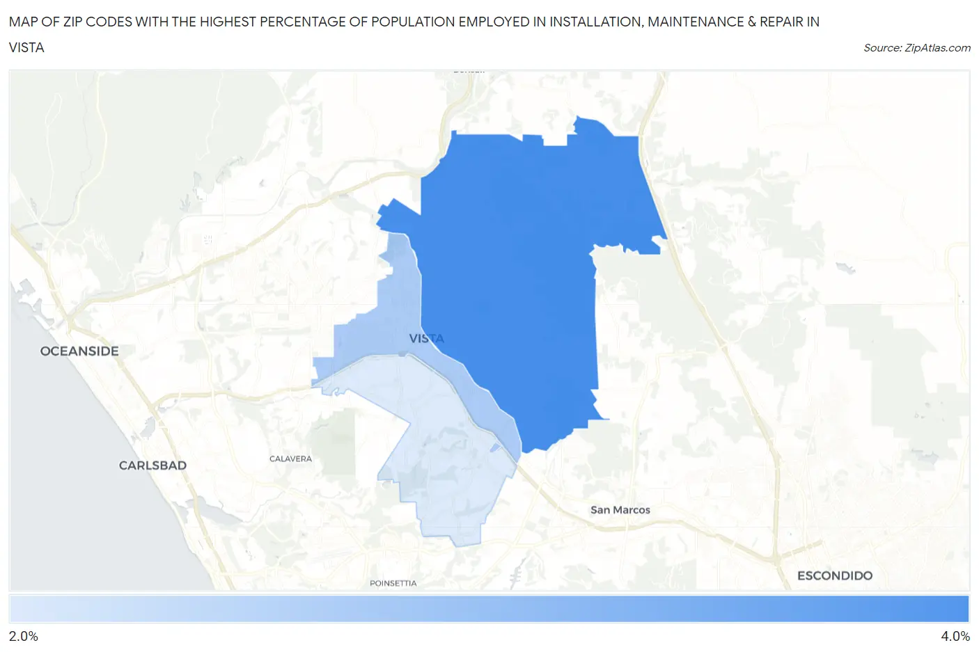 Zip Codes with the Highest Percentage of Population Employed in Installation, Maintenance & Repair in Vista Map