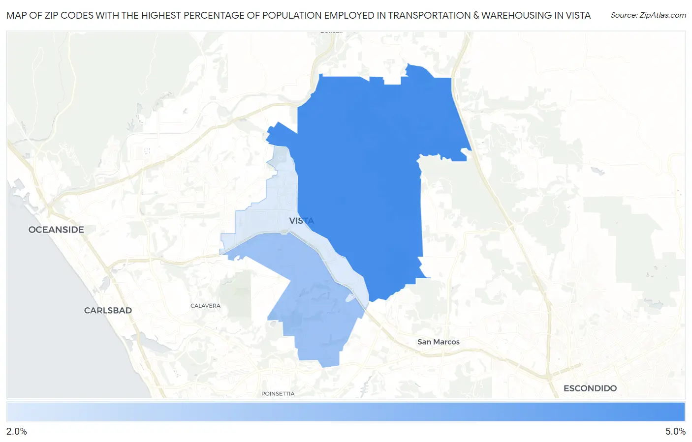 Zip Codes with the Highest Percentage of Population Employed in Transportation & Warehousing in Vista Map