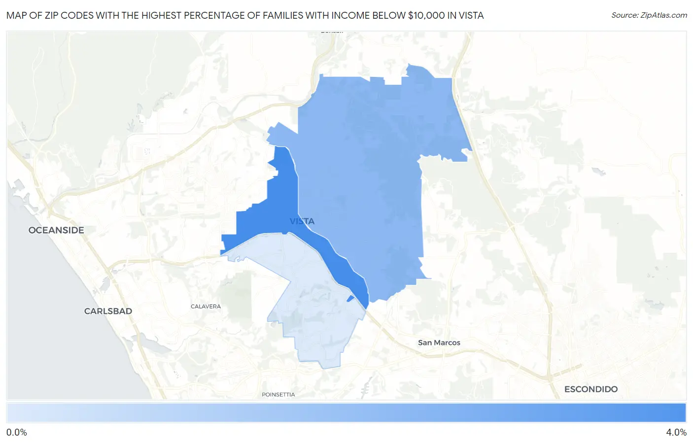 Zip Codes with the Highest Percentage of Families with Income Below $10,000 in Vista Map