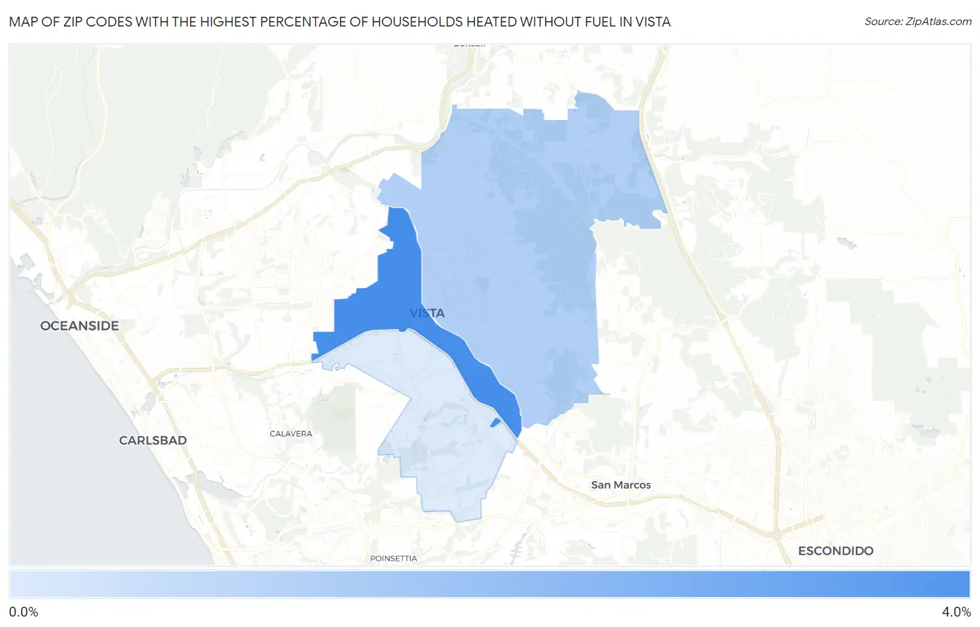 Zip Codes with the Highest Percentage of Households Heated without Fuel in Vista Map