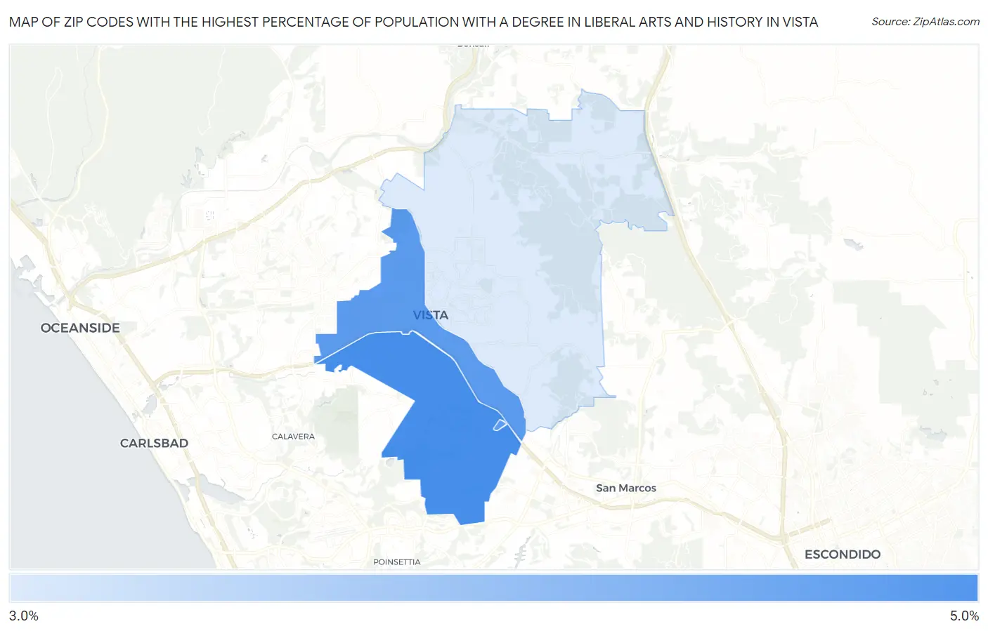 Zip Codes with the Highest Percentage of Population with a Degree in Liberal Arts and History in Vista Map