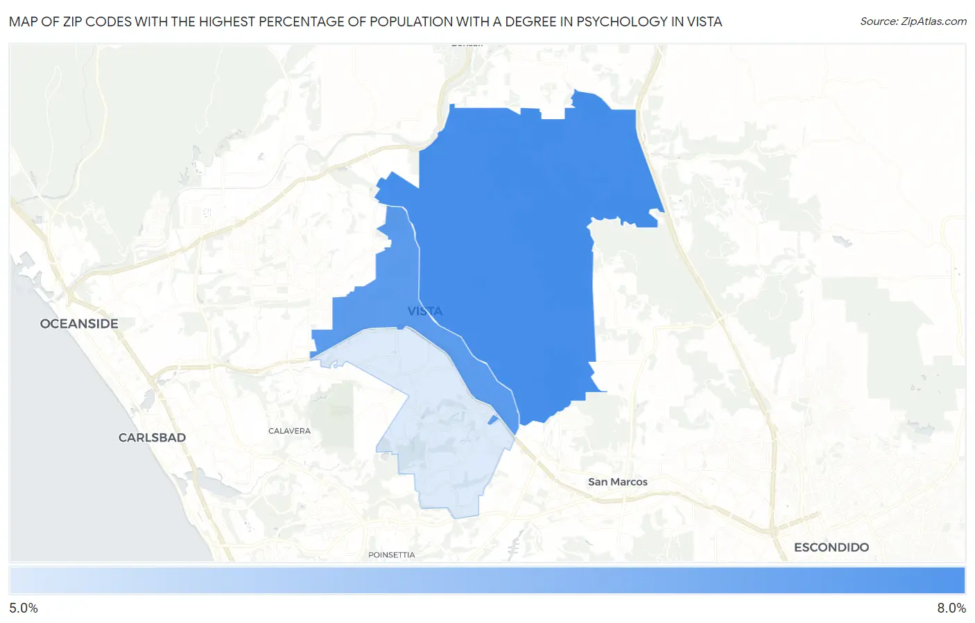 Zip Codes with the Highest Percentage of Population with a Degree in Psychology in Vista Map