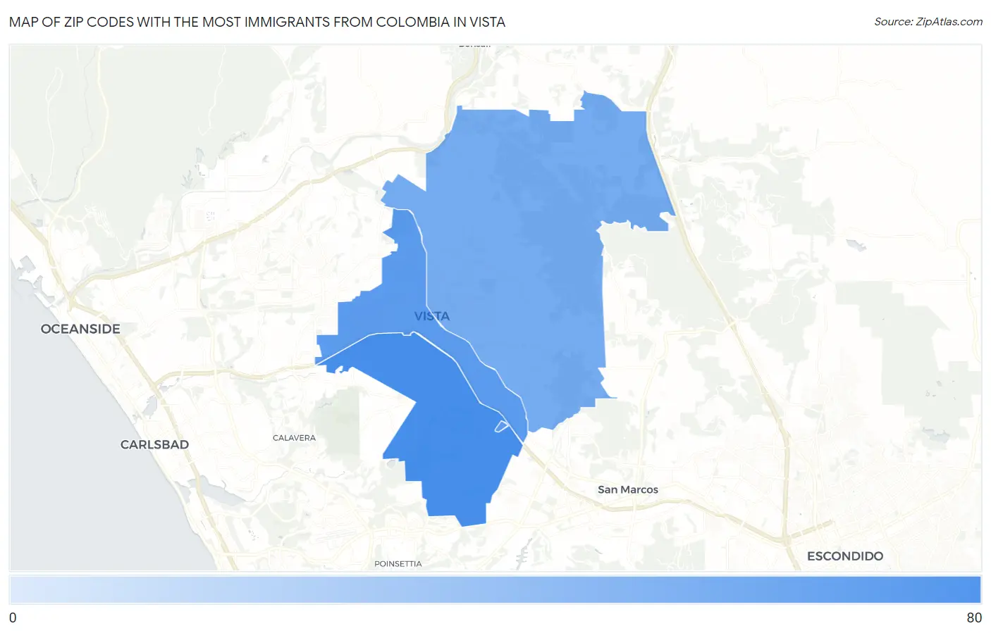 Zip Codes with the Most Immigrants from Colombia in Vista Map