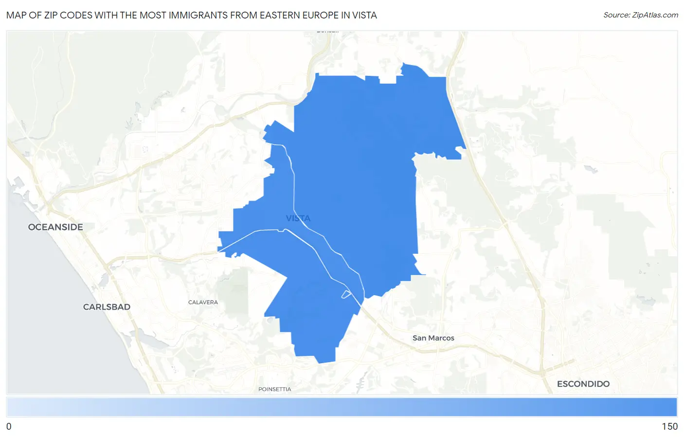 Zip Codes with the Most Immigrants from Eastern Europe in Vista Map