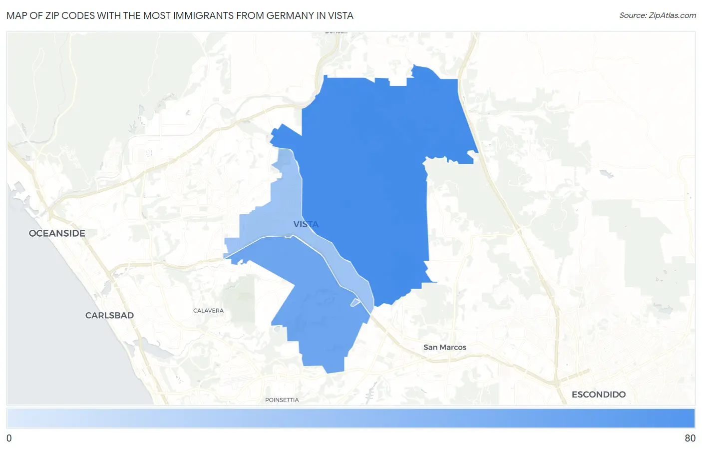 Zip Codes with the Most Immigrants from Germany in Vista Map