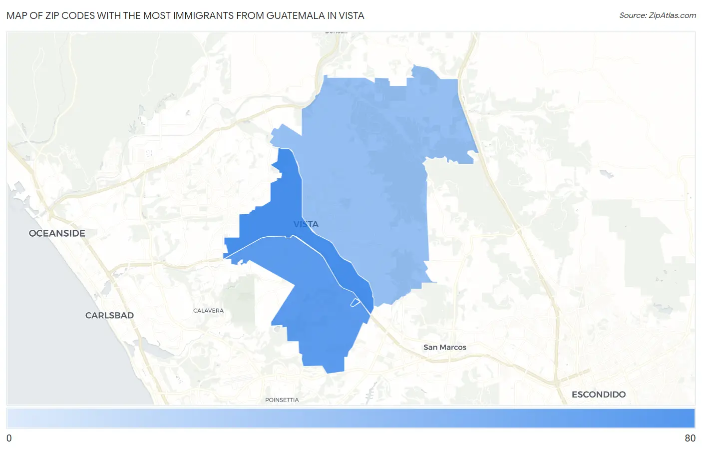 Zip Codes with the Most Immigrants from Guatemala in Vista Map