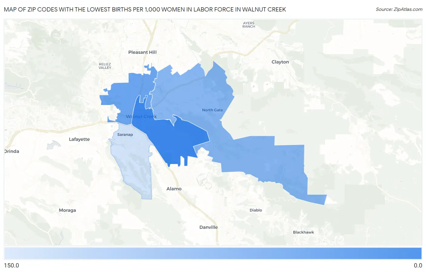 Zip Codes with the Lowest Births per 1,000 Women in Labor Force in Walnut Creek Map