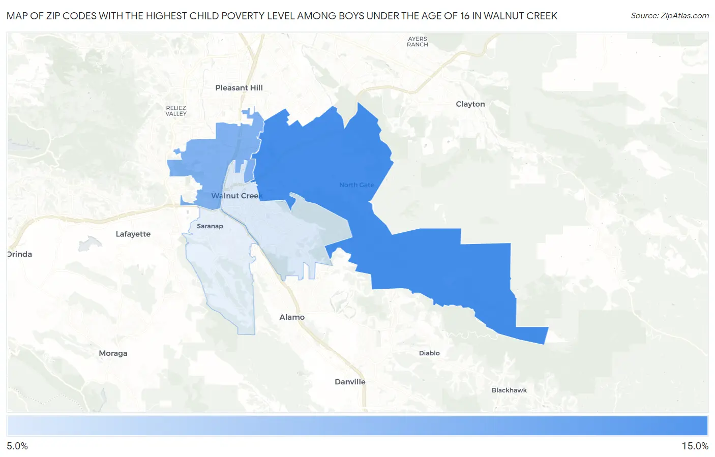Zip Codes with the Highest Child Poverty Level Among Boys Under the Age of 16 in Walnut Creek Map