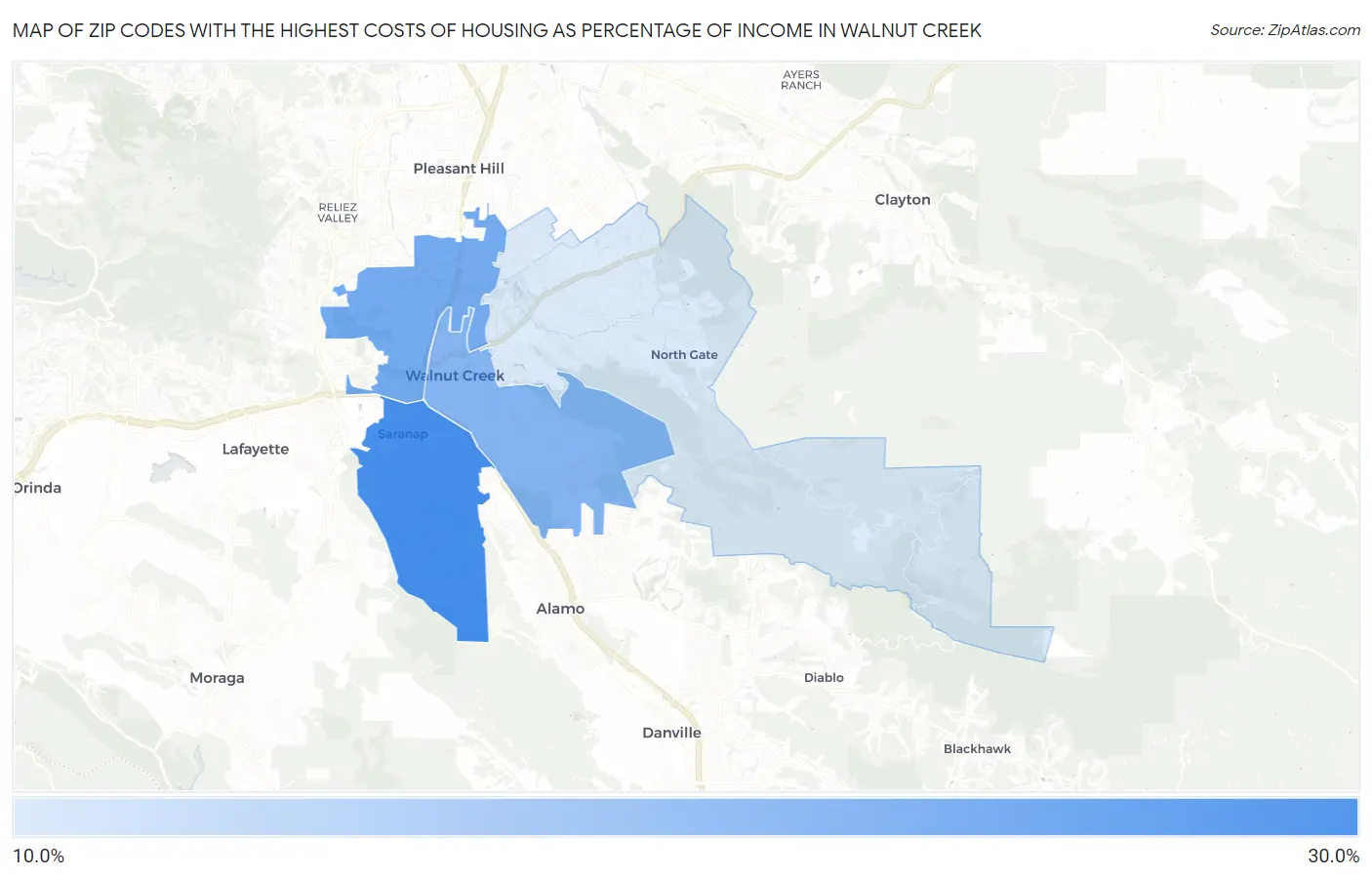 Zip Codes with the Highest Costs of Housing as Percentage of Income in Walnut Creek Map