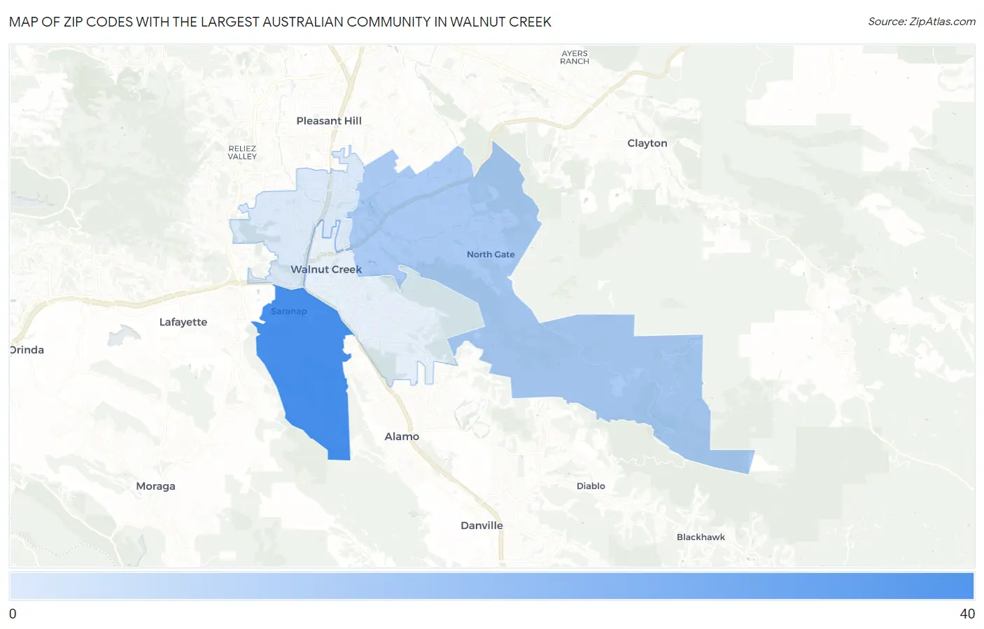 Zip Codes with the Largest Australian Community in Walnut Creek Map