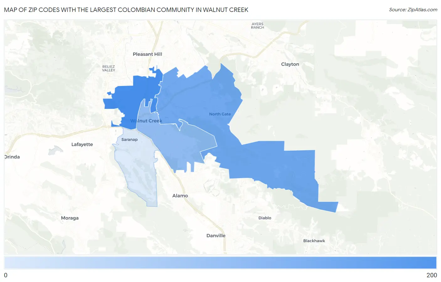 Zip Codes with the Largest Colombian Community in Walnut Creek Map