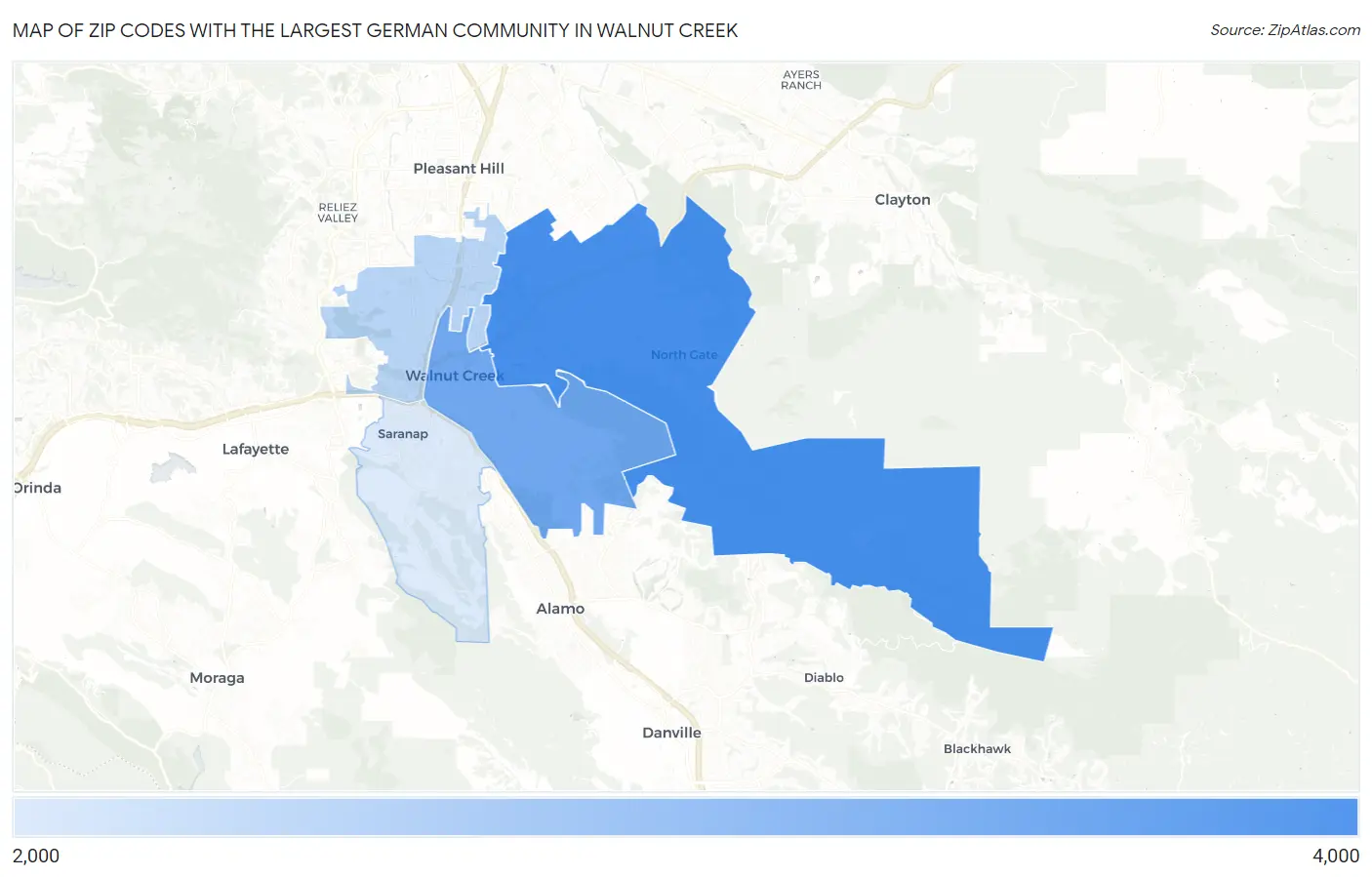 Zip Codes with the Largest German Community in Walnut Creek Map