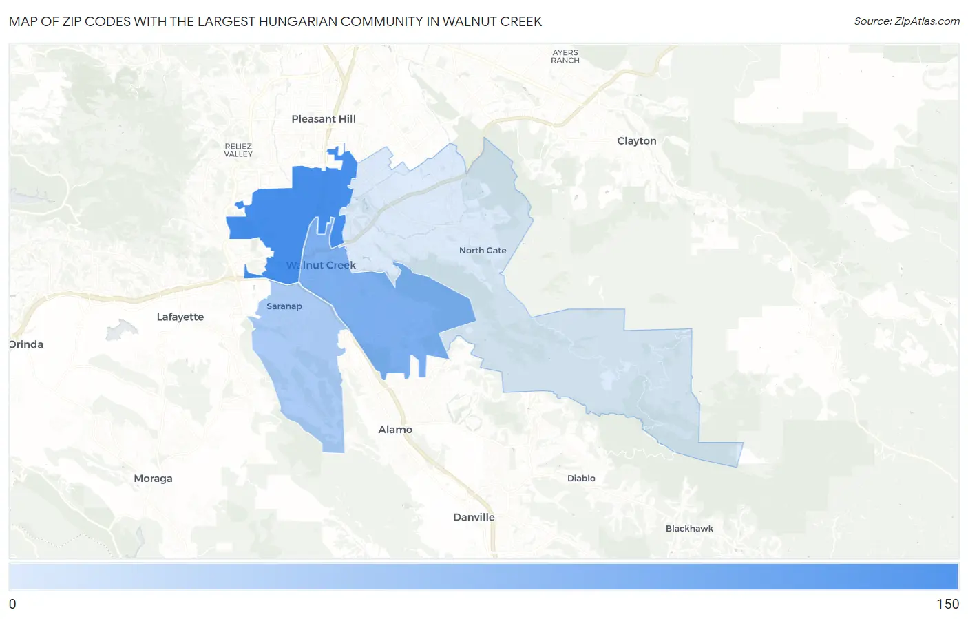 Zip Codes with the Largest Hungarian Community in Walnut Creek Map