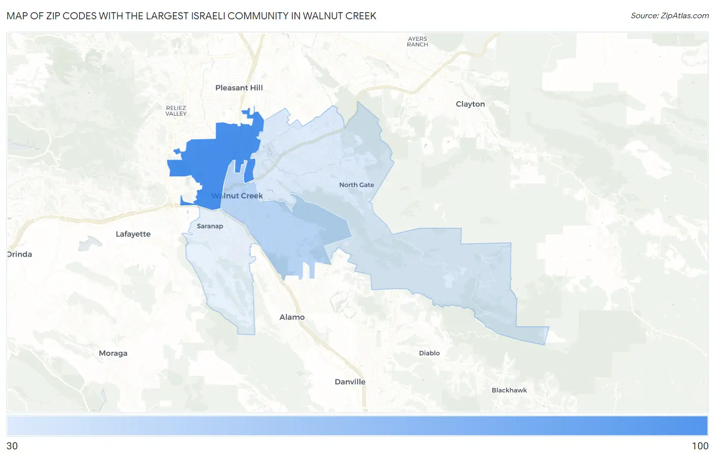 Zip Codes with the Largest Israeli Community in Walnut Creek Map