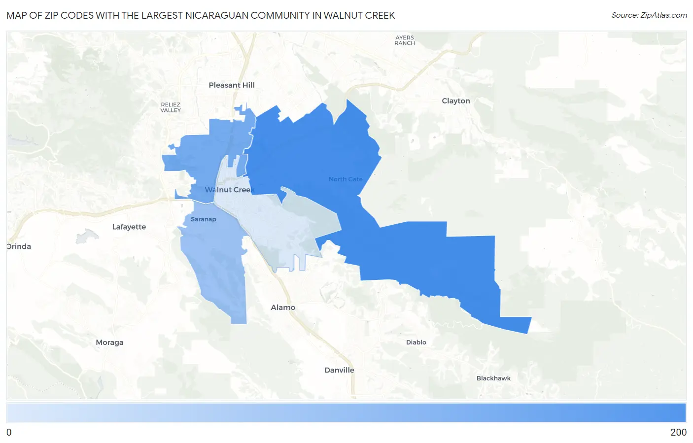 Zip Codes with the Largest Nicaraguan Community in Walnut Creek Map