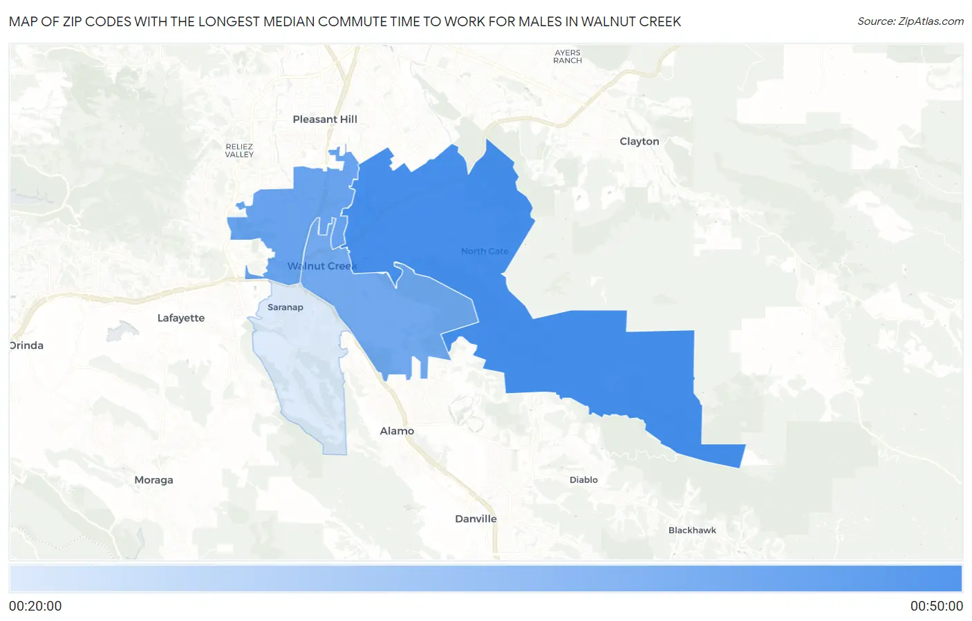 Zip Codes with the Longest Median Commute Time to Work for Males in Walnut Creek Map