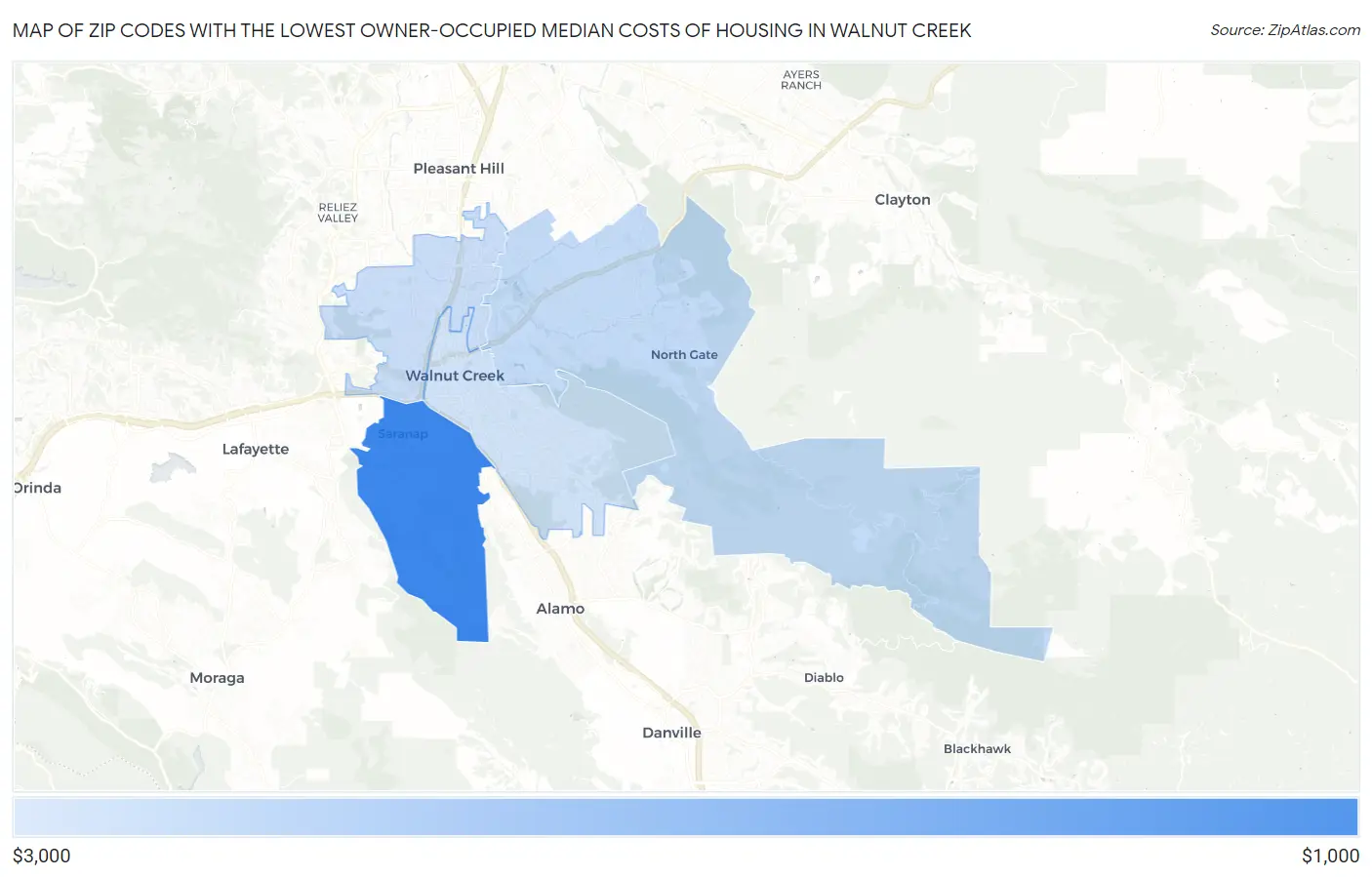 Zip Codes with the Lowest Owner-Occupied Median Costs of Housing in Walnut Creek Map