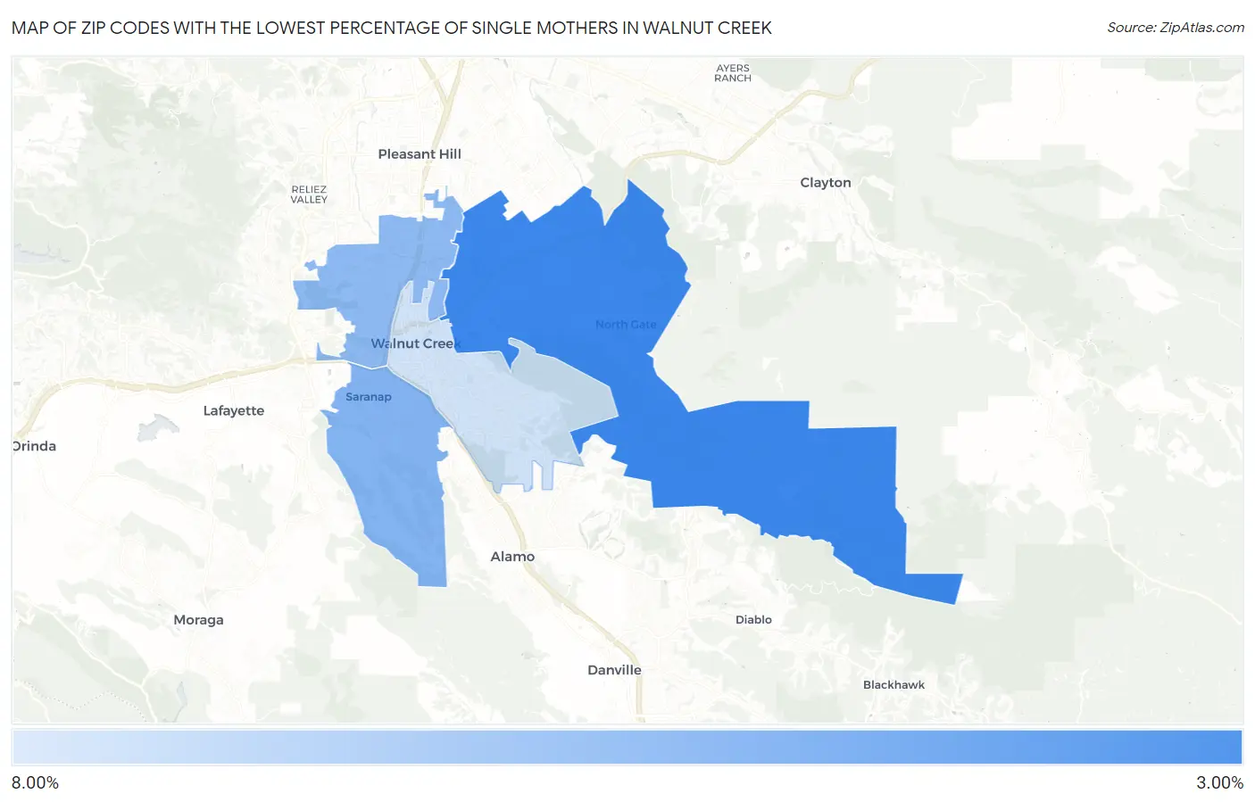 Zip Codes with the Lowest Percentage of Single Mothers in Walnut Creek Map