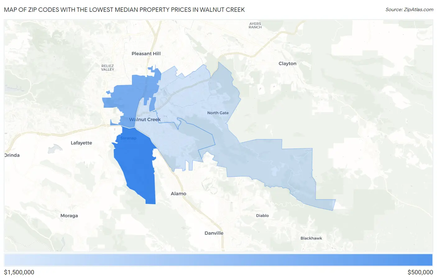 Zip Codes with the Lowest Median Property Prices in Walnut Creek Map