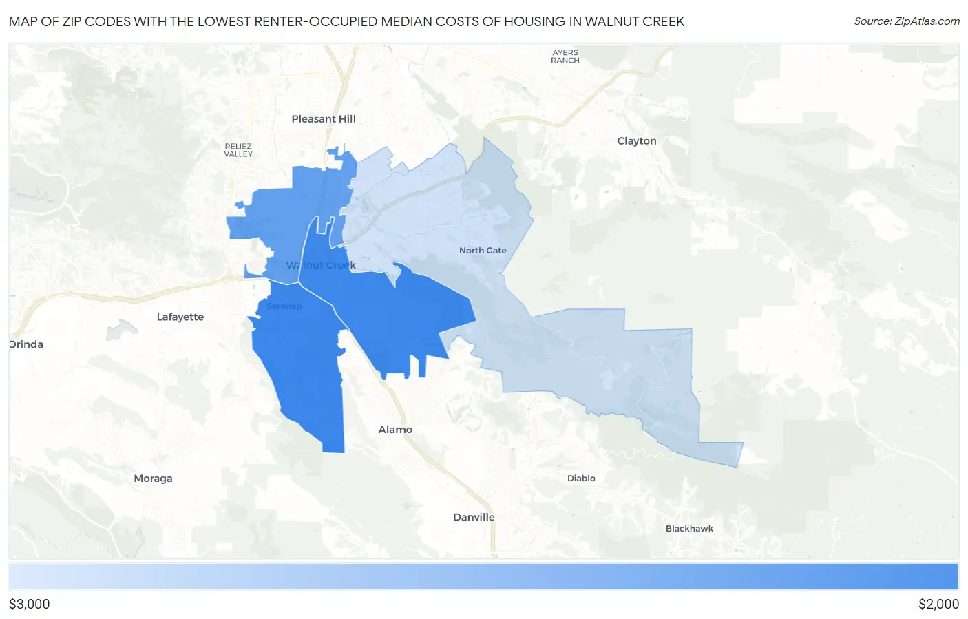 Zip Codes with the Lowest Renter-Occupied Median Costs of Housing in Walnut Creek Map