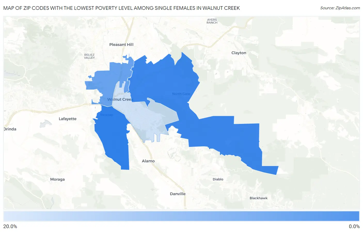Zip Codes with the Lowest Poverty Level Among Single Females in Walnut Creek Map