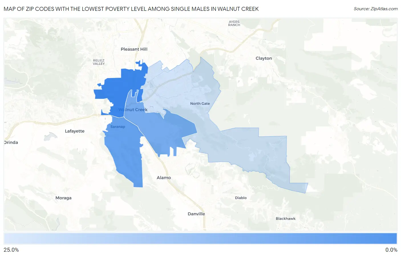 Zip Codes with the Lowest Poverty Level Among Single Males in Walnut Creek Map