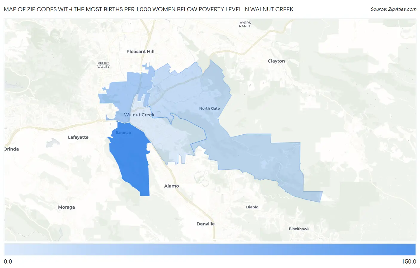 Zip Codes with the Most Births per 1,000 Women Below Poverty Level in Walnut Creek Map
