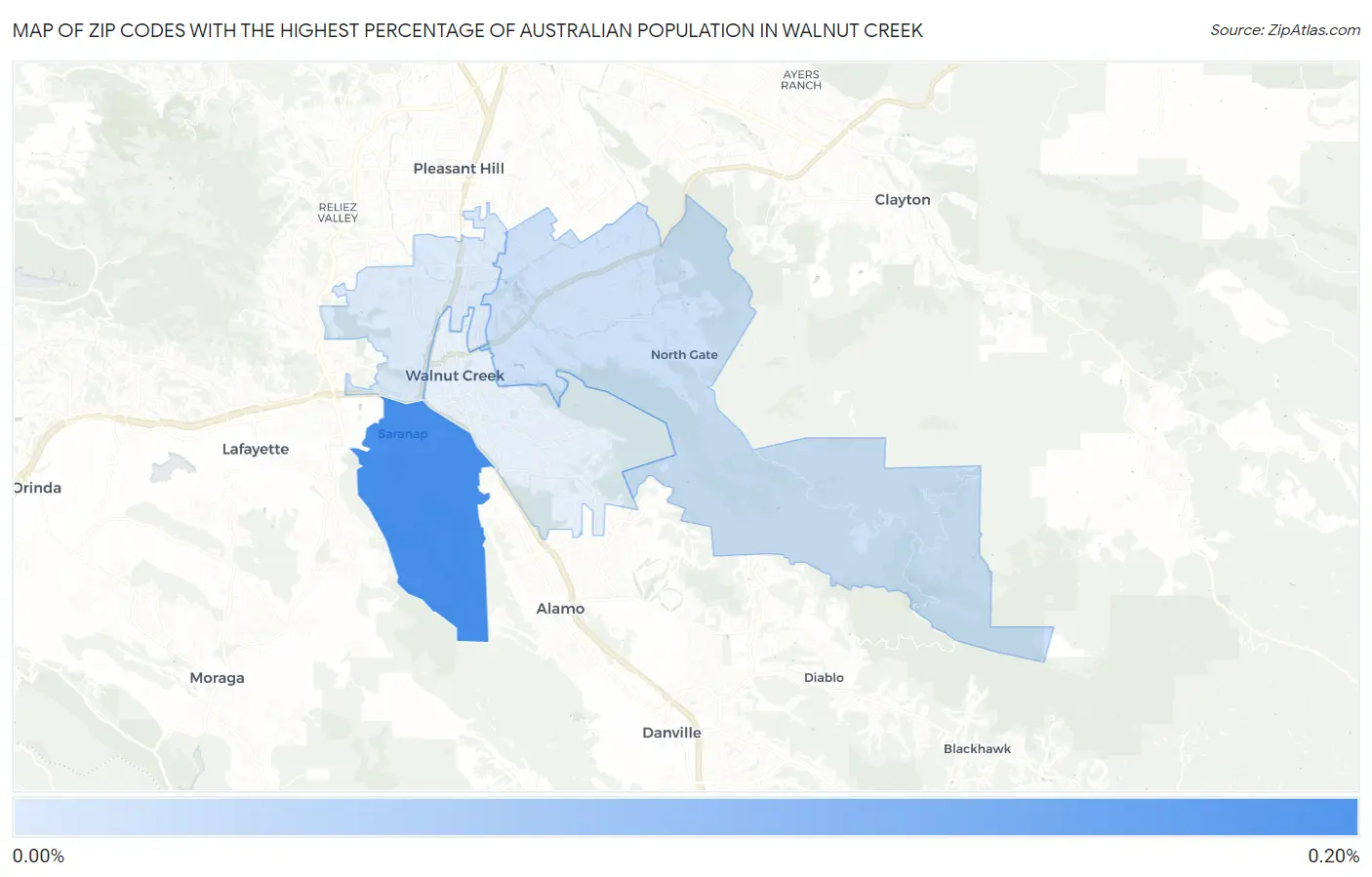 Zip Codes with the Highest Percentage of Australian Population in Walnut Creek Map