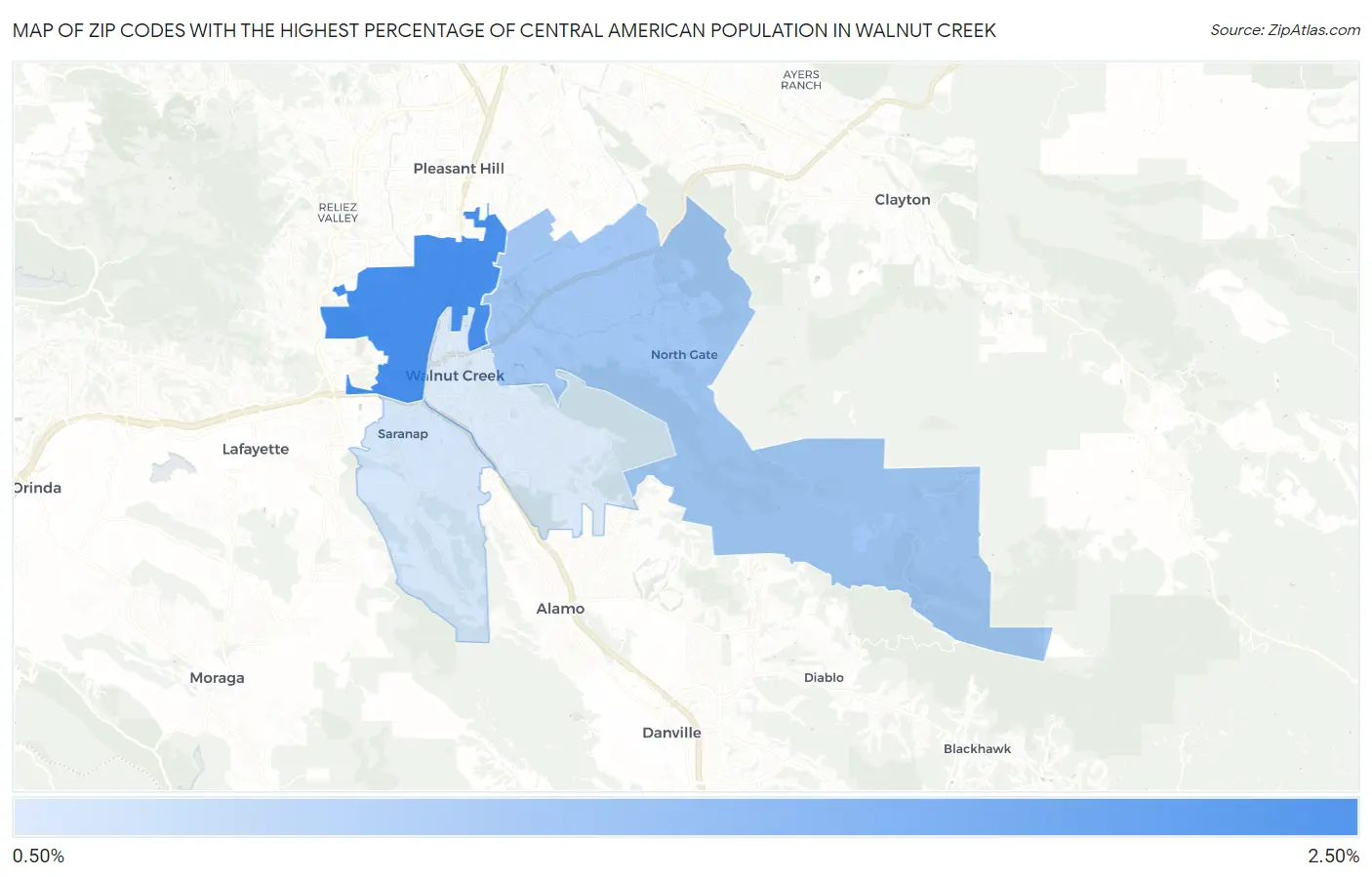 Zip Codes with the Highest Percentage of Central American Population in Walnut Creek Map