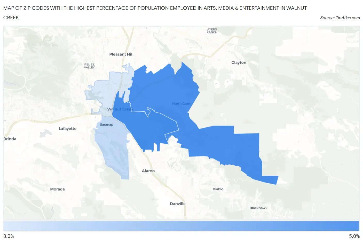Zip Codes with the Highest Percentage of Population Employed in Arts, Media & Entertainment in Walnut Creek Map