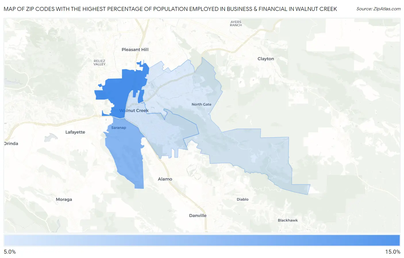 Zip Codes with the Highest Percentage of Population Employed in Business & Financial in Walnut Creek Map