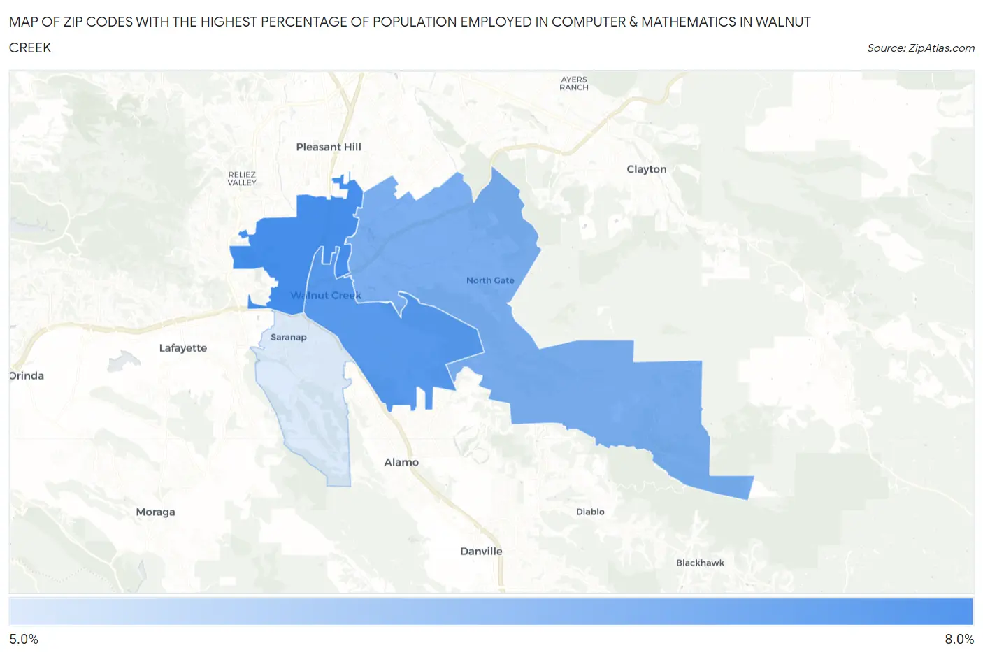 Zip Codes with the Highest Percentage of Population Employed in Computer & Mathematics in Walnut Creek Map