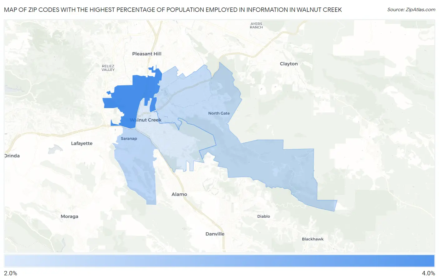 Zip Codes with the Highest Percentage of Population Employed in Information in Walnut Creek Map