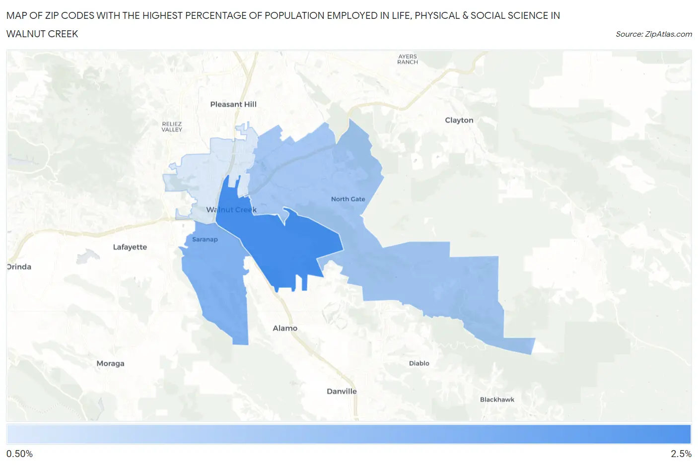 Zip Codes with the Highest Percentage of Population Employed in Life, Physical & Social Science in Walnut Creek Map